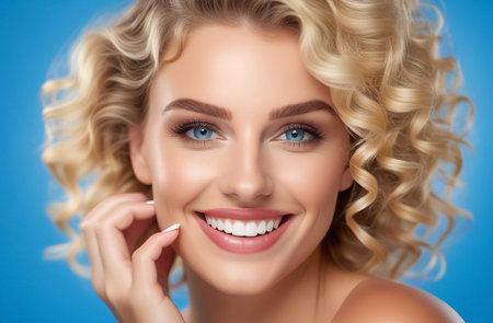 Portrait of a happy blonde curly woman.の素材