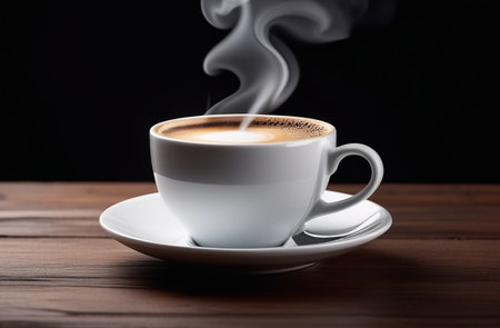 White cup of coffee with smoke and coffee beans.の素材
