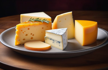 Assortment of cheeses cut into pieces.の素材