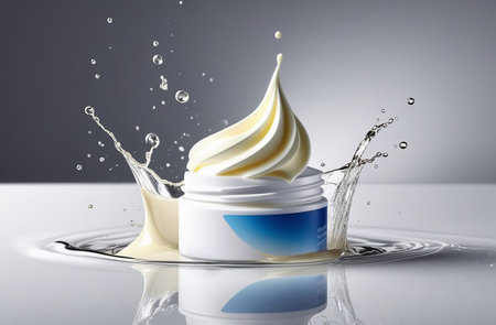 A jar of moisturizing cream in a splash of water.の素材