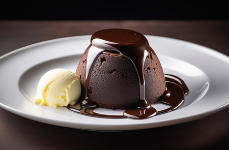 Chocolate fondant with ice cream on a white plate.の素材