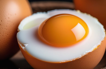 Soft-boiled egg on a dark background.の素材