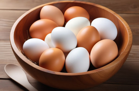 Chicken eggs in a wooden bowl.の素材