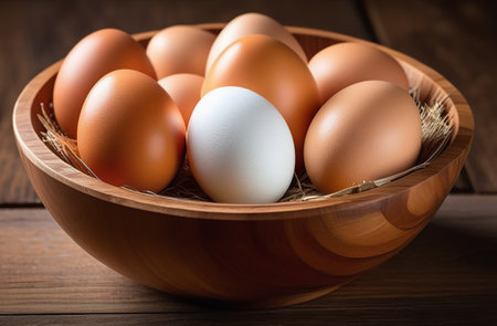 Chicken eggs in a wooden bowl.の素材