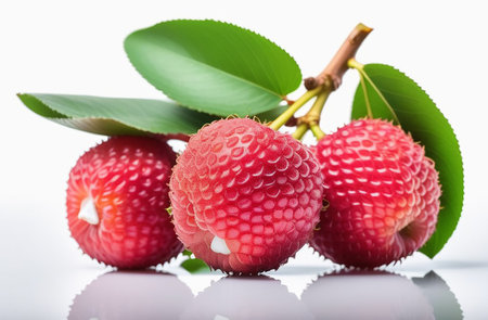 Lychee on a white background with reflection.の素材