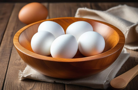 Chicken eggs in a wooden bowl.の素材