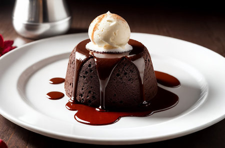 Chocolate fondant with ice cream on a white plate.の素材