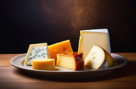 Assortment of cheeses cut into pieces.の素材