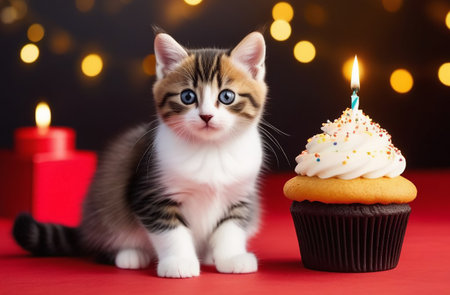 Cat with a cupcake and a candle.の素材