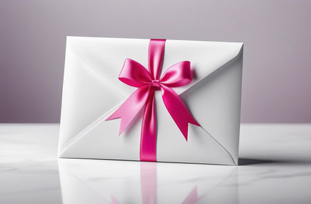 White envelope with pink ribbon on a white table.の素材
