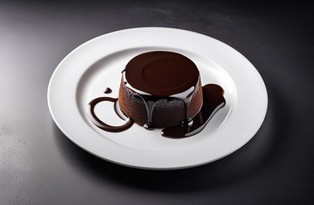 Chocolate fondant on a white plate.の素材
