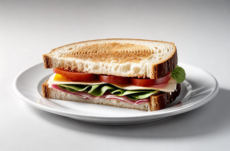 Sandwich with sausage and sweet pepper on a white plate.の素材