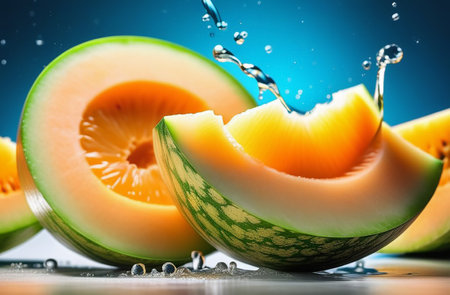 Melon pieces in splashes of juice.の素材
