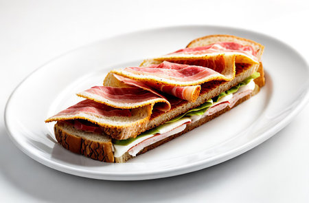 Sandwich with sausage and cheese on a white plate.の素材