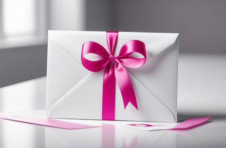 White envelope with pink ribbon on a white table.の素材