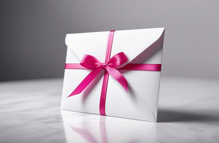 White envelope with pink ribbon on a white table.の素材