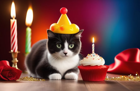 Cat with a cupcake and a candle.の素材