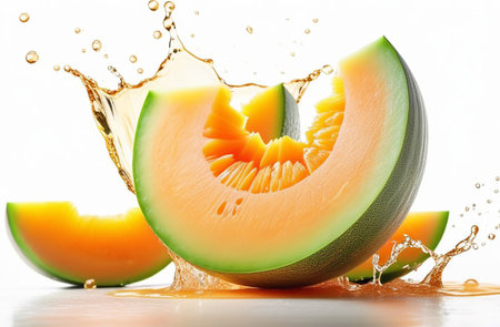 Melon pieces in splashes of juice.の素材