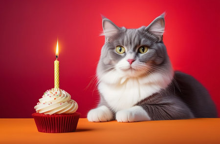 Cat with a cupcake and a candle.の素材