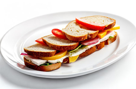 Sandwich with sausage and cheese on a white plate.の素材
