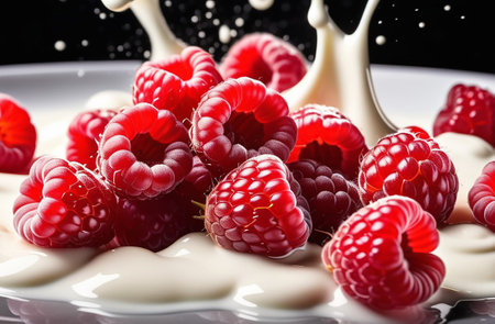 Raspberries in splashes of yogurt.の素材