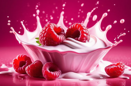 Raspberries in splashes of yogurt.の素材