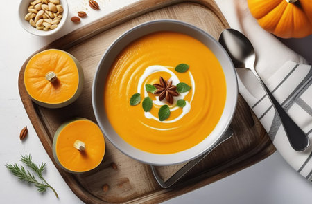 Pumpkin soup on a white table.の素材