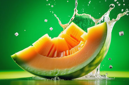 Melon pieces in splashes of juice.の素材