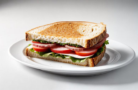 Sandwich with sausage and sweet pepper on a white plate.の素材