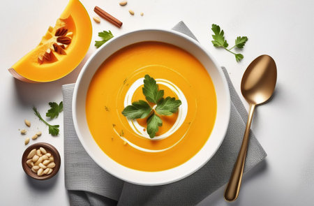 Pumpkin soup on a white table.の素材