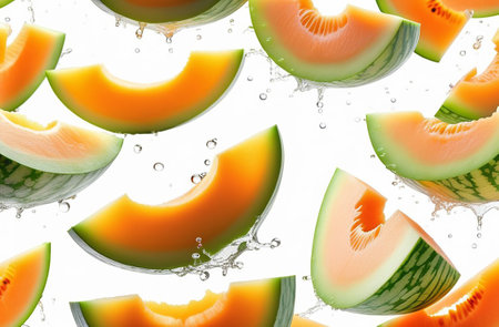Melon pieces in splashes of juice.の素材