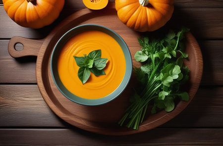 Pumpkin soup on a wooden table.の素材