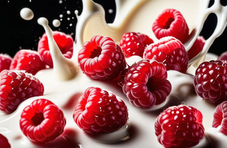 Raspberries in splashes of yogurt.の素材