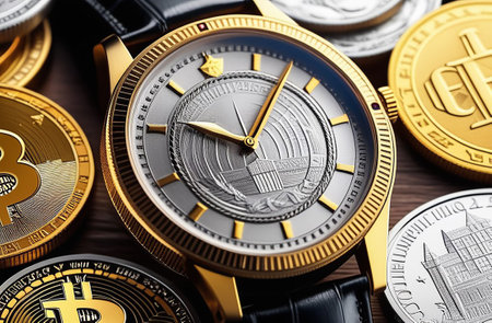Gold wrist watch. Clock hands.の素材
