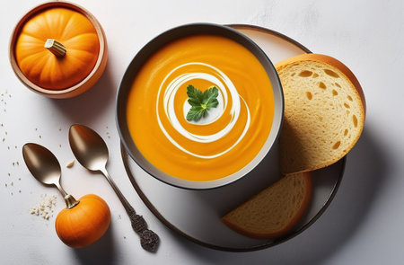 Pumpkin soup on a white table.の素材