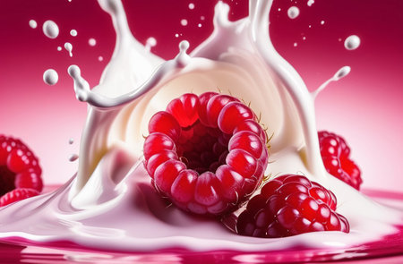 Raspberries in splashes of yogurt.の素材