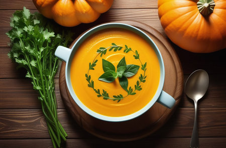 Pumpkin soup on a wooden table.の素材