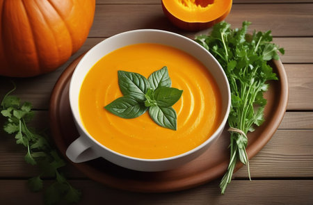 Pumpkin soup on a wooden table.の素材
