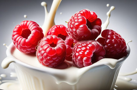 Raspberries in splashes of yogurt.の素材