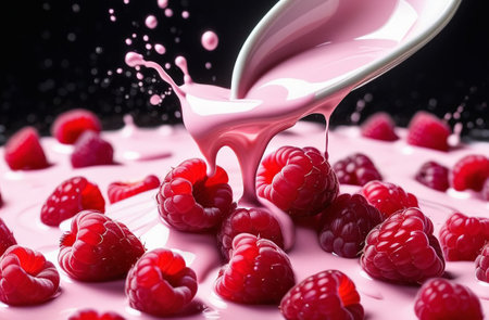 Raspberries in splashes of yogurt.の素材