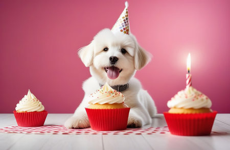 White dog with a cupcake and a candle.の素材