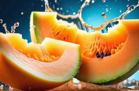 Melon pieces in splashes of juice.の素材