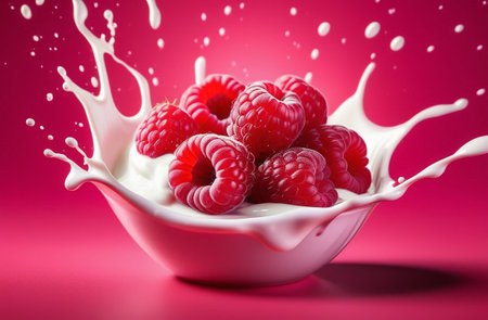 Raspberries in splashes of yogurt.の素材