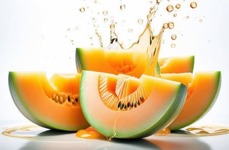 Melon pieces in splashes of juice.の素材