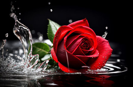 Red rose bud in a splash of water. Valentine's card. Congratulation.の素材