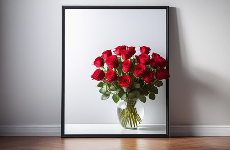 Transparent vase with red roses.の素材