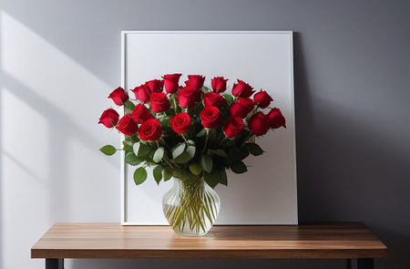 Transparent vase with red roses.の素材
