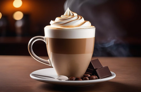 Latte with smokey foam and coffee beans.の素材