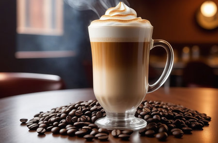 Latte with smokey foam and coffee beans.の素材