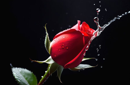 Red rose bud in a splash of water. Valentine's card. Congratulation.の素材